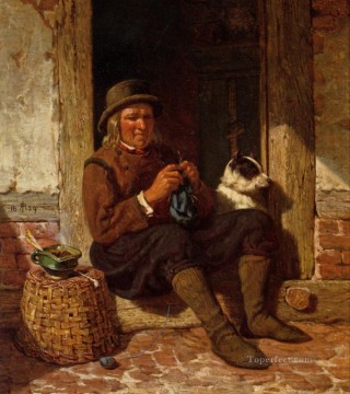 犬 Painting - 戸口に座って犬と編み物をしている男性